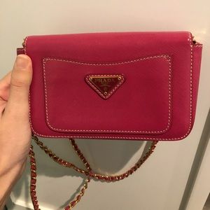 Pink Prada Saffiano wallet on chain
